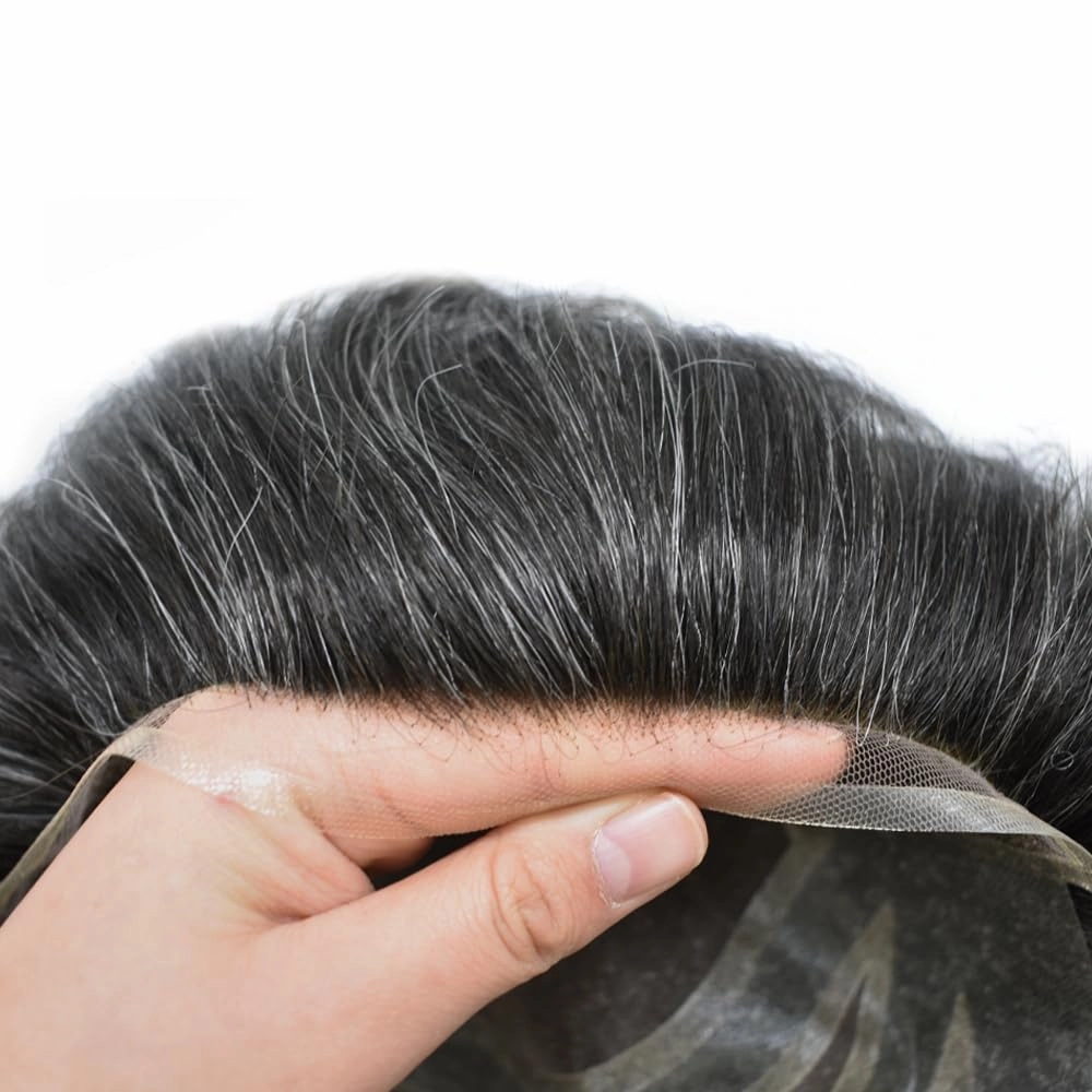 Toupee For Men Real Human Hair Pieces Fine Mono Mens Hair Replacement System French Lace Mens Toupee Hair Piece For Men Hair System For Men 8x10 Medium light density #1B20 1B# OFF BLACK 20% GREY