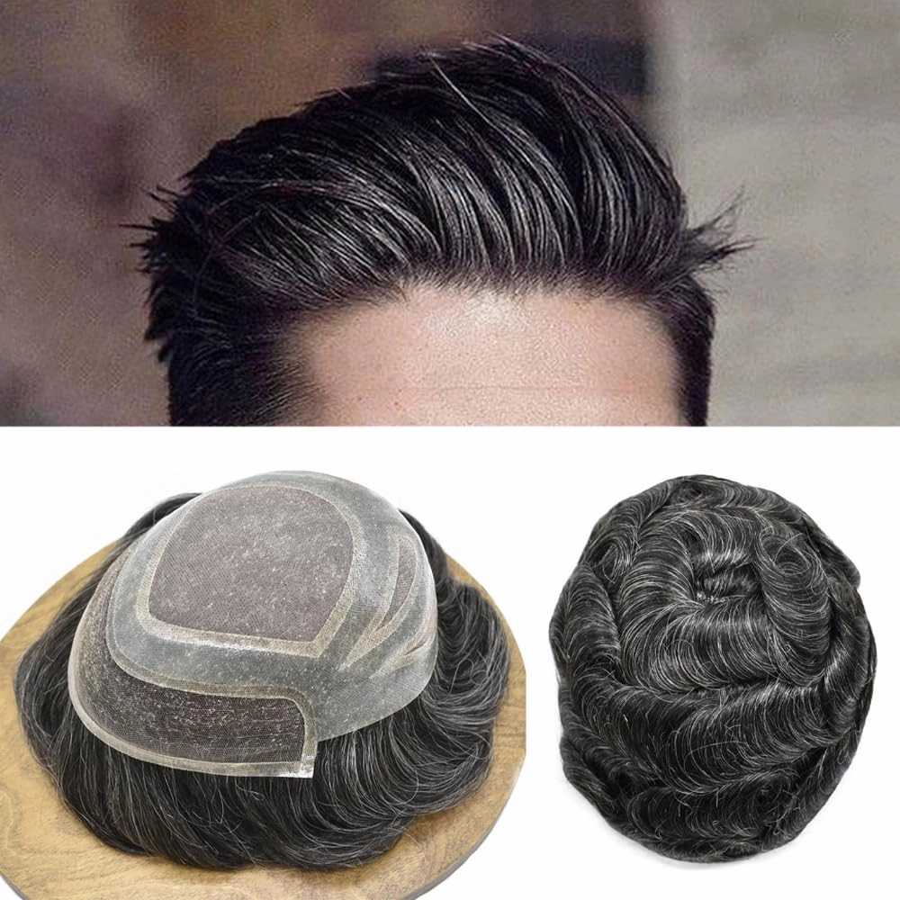 Toupee For Men Real Human Hair Pieces Fine Mono Mens Hair Replacement System French Lace Mens Toupee Hair Piece For Men Hair System For Men 8x10 Medium light density #1B20 1B# OFF BLACK 20% GREY