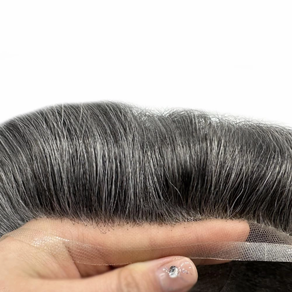 Toupee For Men Real Human Hair Pieces Fine Mono Mens Hair Replacement System French Lace Mens Toupee Hair Piece For Men Hair System For Men 8x10 Medium light density #1B40 1B# OFF BLACK 40% GREY