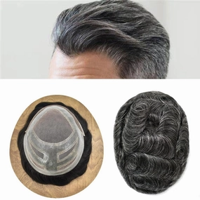 Toupee For Men Real Human Hair Pieces Fine Mono Mens Hair Replacement System French Lace Mens Toupee Hair Piece For Men Hair System For Men 8x10 Medium light density #1B40 1B# OFF BLACK 40% GREY