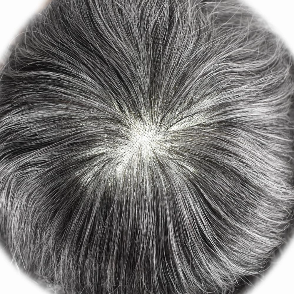 Toupee For Men Real Human Hair Pieces Fine Mono Mens Hair Replacement System French Lace Mens Toupee Hair Piece For Men Hair System For Men 8x10 Medium light density #1B40 1B# OFF BLACK 40% GREY