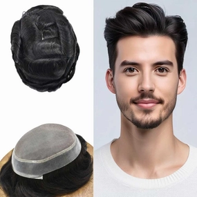 Toupee Hair For Men European Human Hair Piece Men Hair Replacemnt System Fine Mono Mens Toupee Hair Prosthesis Protesis Capilar Hombre 7X9#1 Jet Black 120% Density