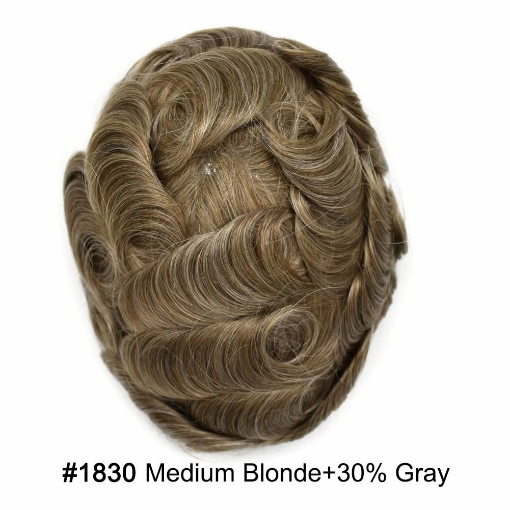 Toupee Hair For Men European Human Hair Piece Men Hair Replacemnt System Fine Mono Mens Toupee Hair Prosthesis Protesis Capilar Hombre 8X10#1830#18 Medium Blonde 30% Grey 120% Density