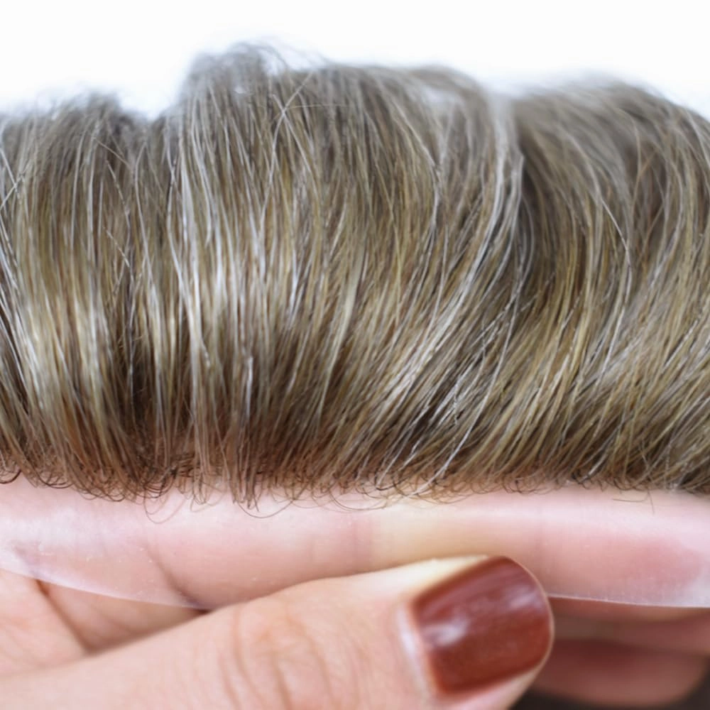 Toupee Hair For Men European Human Hair Piece Men Hair Replacemnt System Fine Mono Mens Toupee Hair Prosthesis Protesis Capilar Hombre 8X10#1830#18 Medium Blonde 30% Grey 120% Density