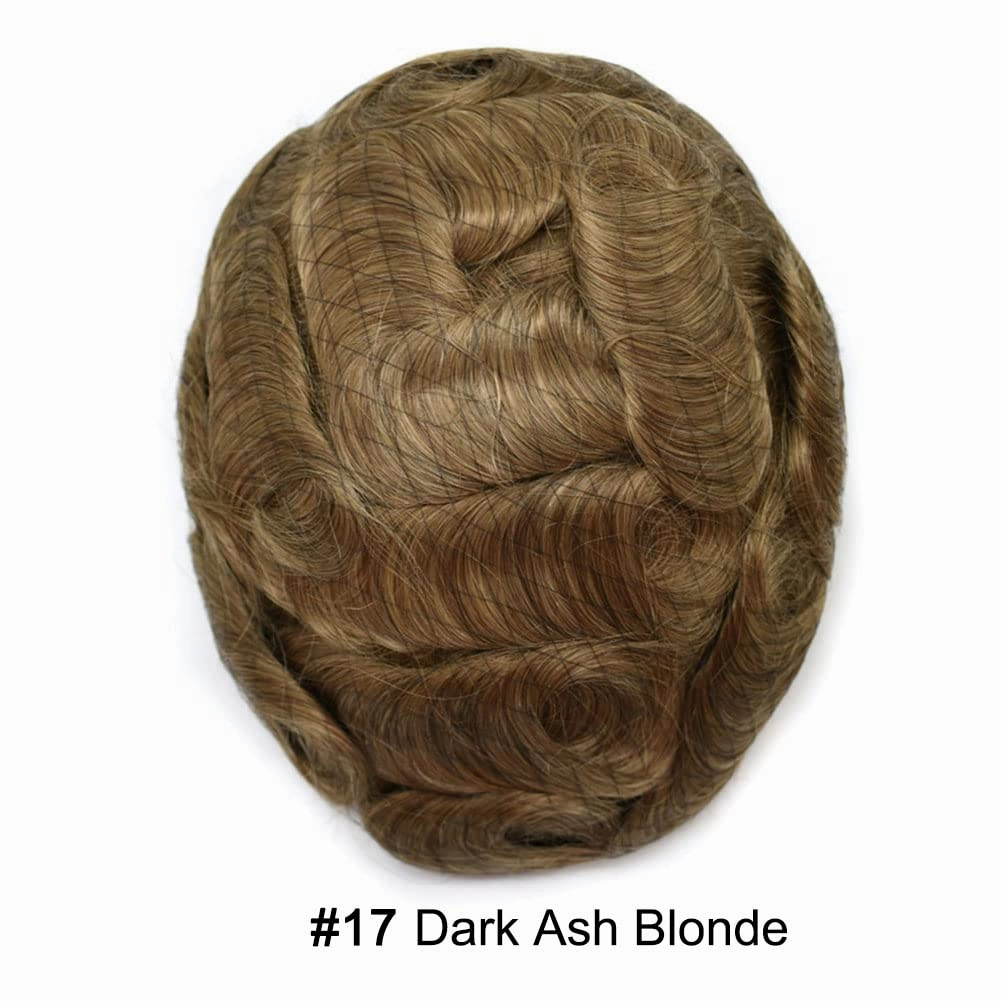 Toupee Hair For Men European Human Hair Piece Men Hair Replacemnt System Fine Mono Mens Toupee Hairpiece Protesis Capilar Hombre 7X9#17 Dark Ash Blonde 120% Density