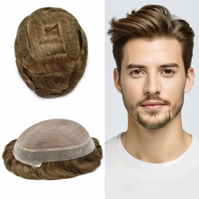 Toupee Hair For Men European Human Hair Piece Men Hair Replacemnt System Fine Mono Mens Toupee Hairpiece Protesis Capilar Hombre 7X9#17 Dark Ash Blonde 120% Density
