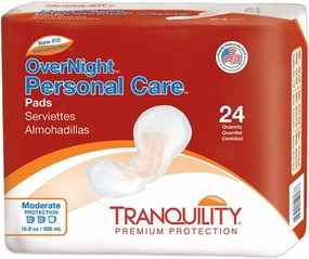 Tranquility Incontinence Personal Care Pads, Overnight Protection, Promote Dryness and Protect Against Leakage, Soft Lining & Adhesive Strip for Secure Fit in Underwear, 12.5oz Capacity, 96ct Case