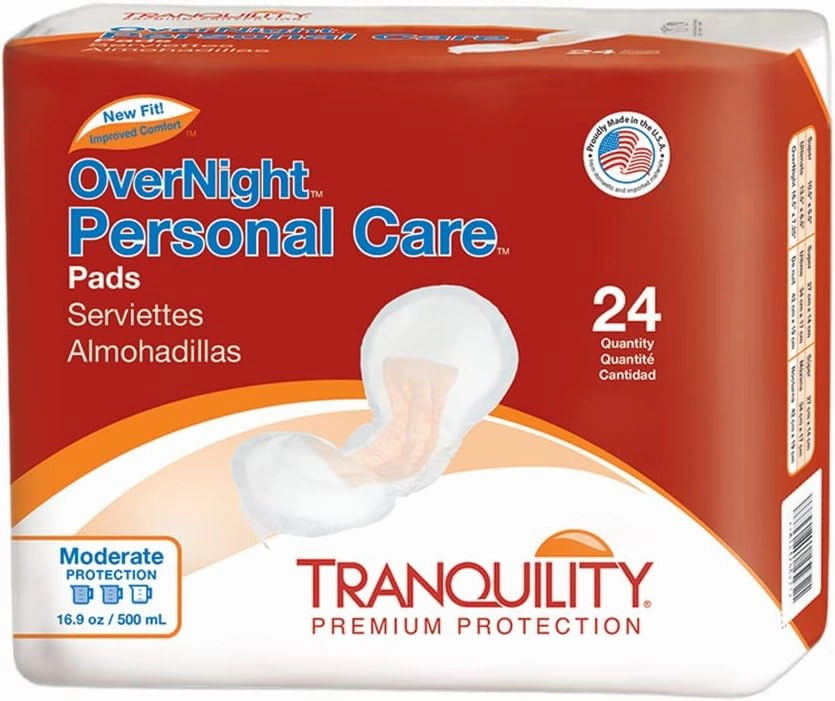 Tranquility Incontinence Personal Care Pads, Overnight Protection, Promote Dryness and Protect Against Leakage, Soft Lining & Adhesive Strip for Secure Fit in Underwear, 12.5oz Capacity, 96ct Case