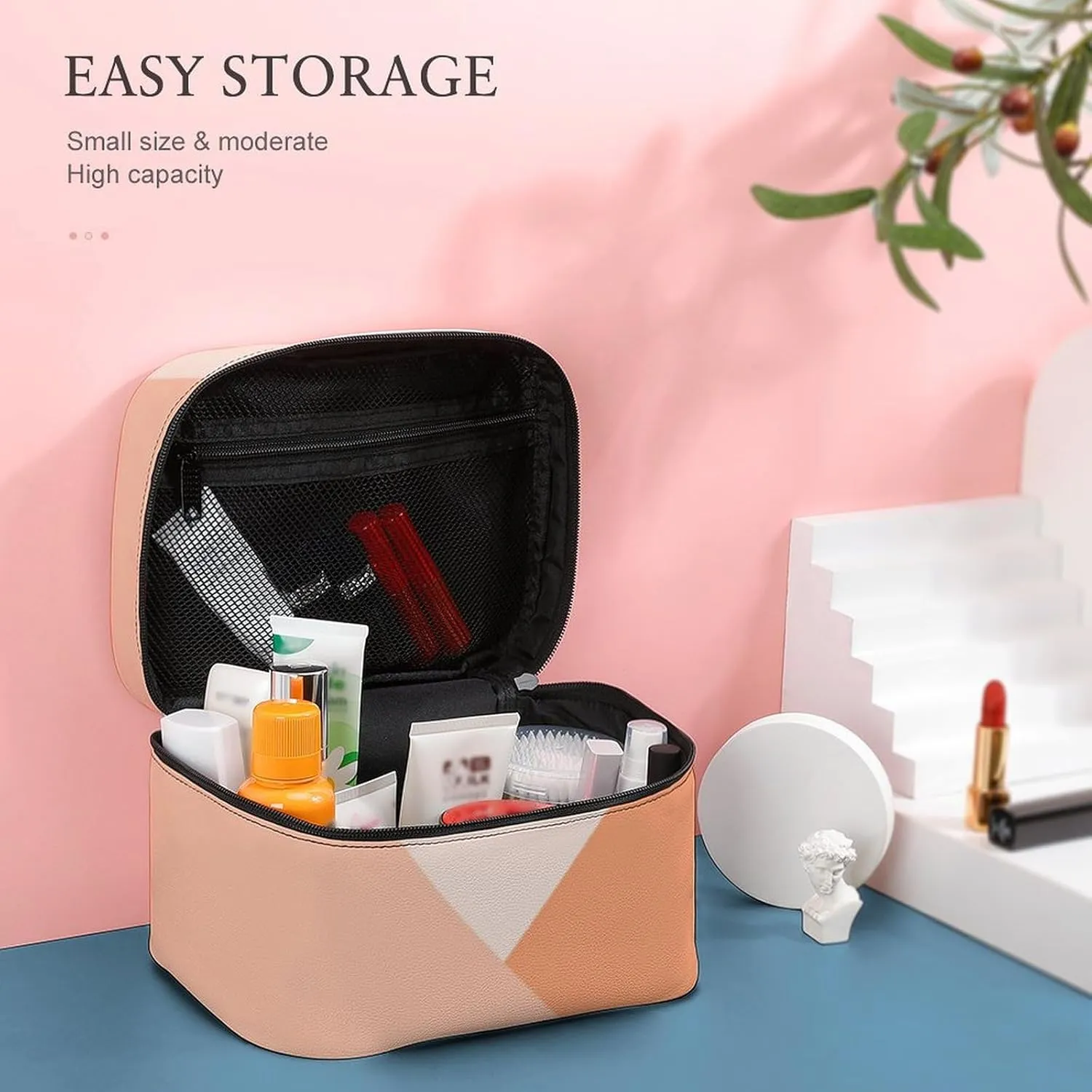 Travel Makeup Bag, Peach Summer Coral Orange Cosmetic Bags for Women Large Capacity Waterproof Toiletry Bag Make up Organizer