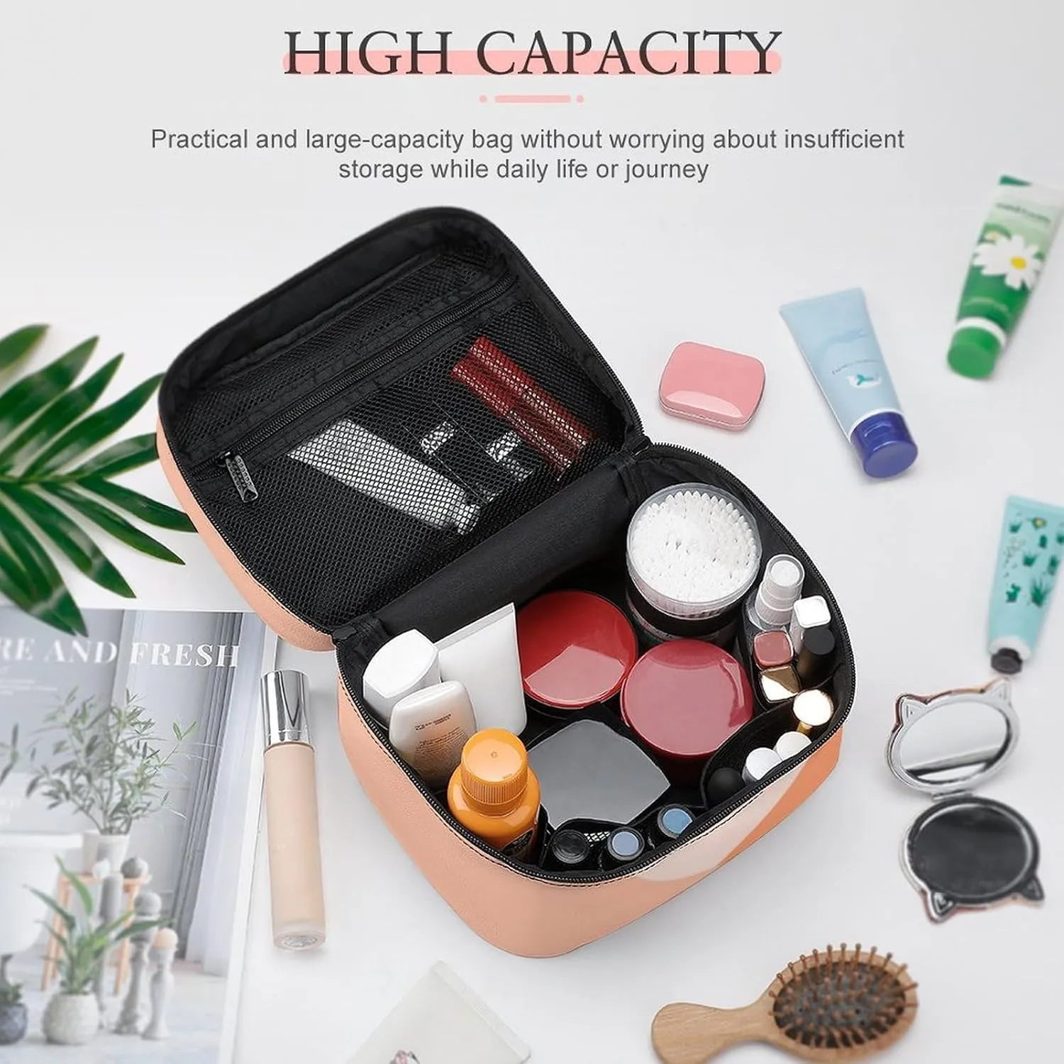 Travel Makeup Bag, Peach Summer Coral Orange Cosmetic Bags for Women Large Capacity Waterproof Toiletry Bag Make up Organizer