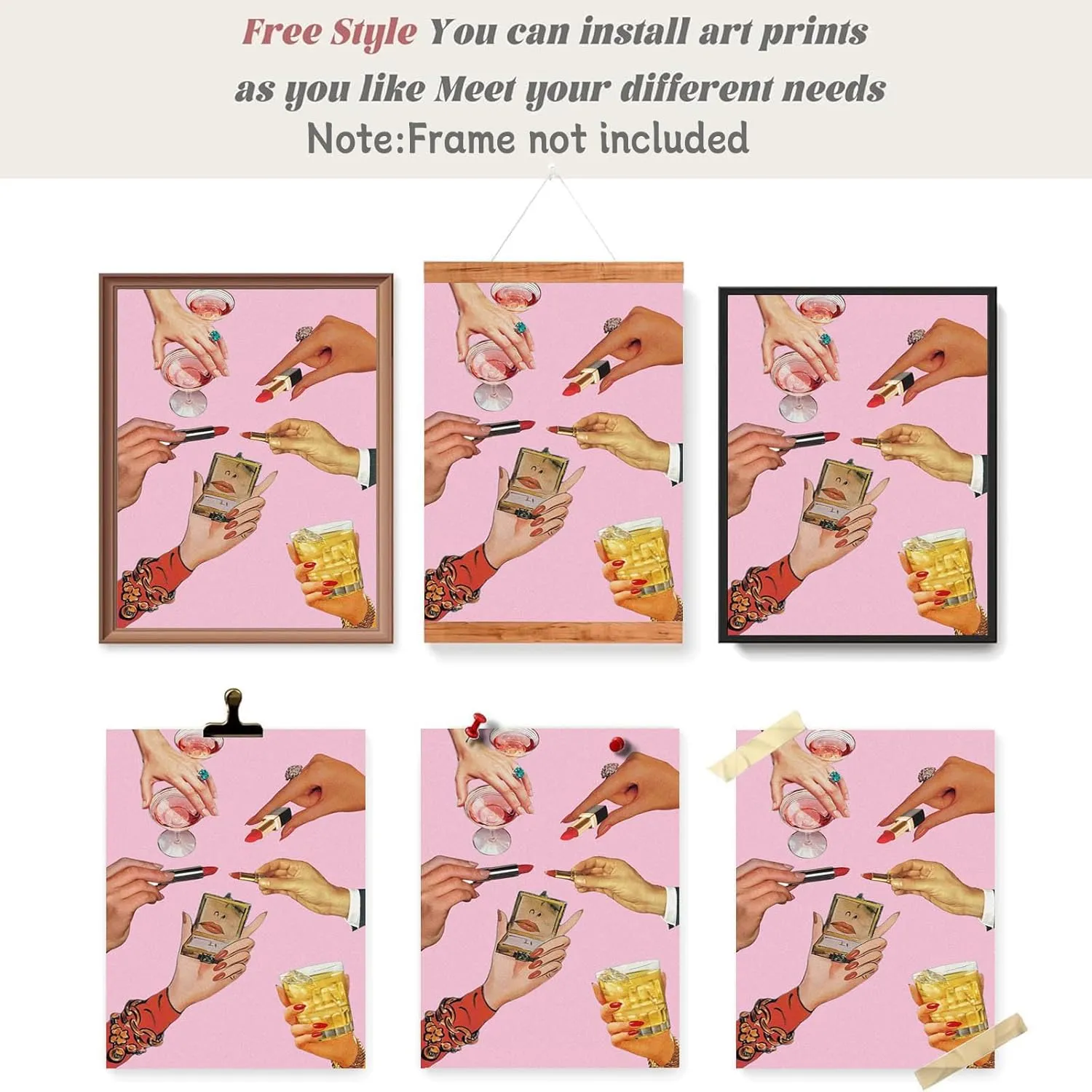 Trendy Lipstick Posters Funky Chic Icon Pink Girl Room Aesthetic Canvas Wall Art Modern Preppy Glam Makeup Rings Cocktail Prints Painting For Home Bedroom Dorm Wall Decor 12x16in Unframed
