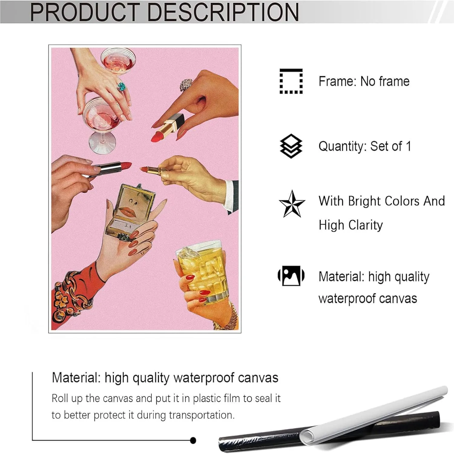 Trendy Lipstick Posters Funky Chic Icon Pink Girl Room Aesthetic Canvas Wall Art Modern Preppy Glam Makeup Rings Cocktail Prints Painting For Home Bedroom Dorm Wall Decor 12x16in Unframed