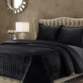 Tribeca Living Luxury Velvet Quilt Set Queen Bedding Set, 260 GSM Soft Velvet Oversized Comforter Set, Florence Box Stitch Premium Bedspread Coverlet for All Season, with 2 Pillow Shams, Black