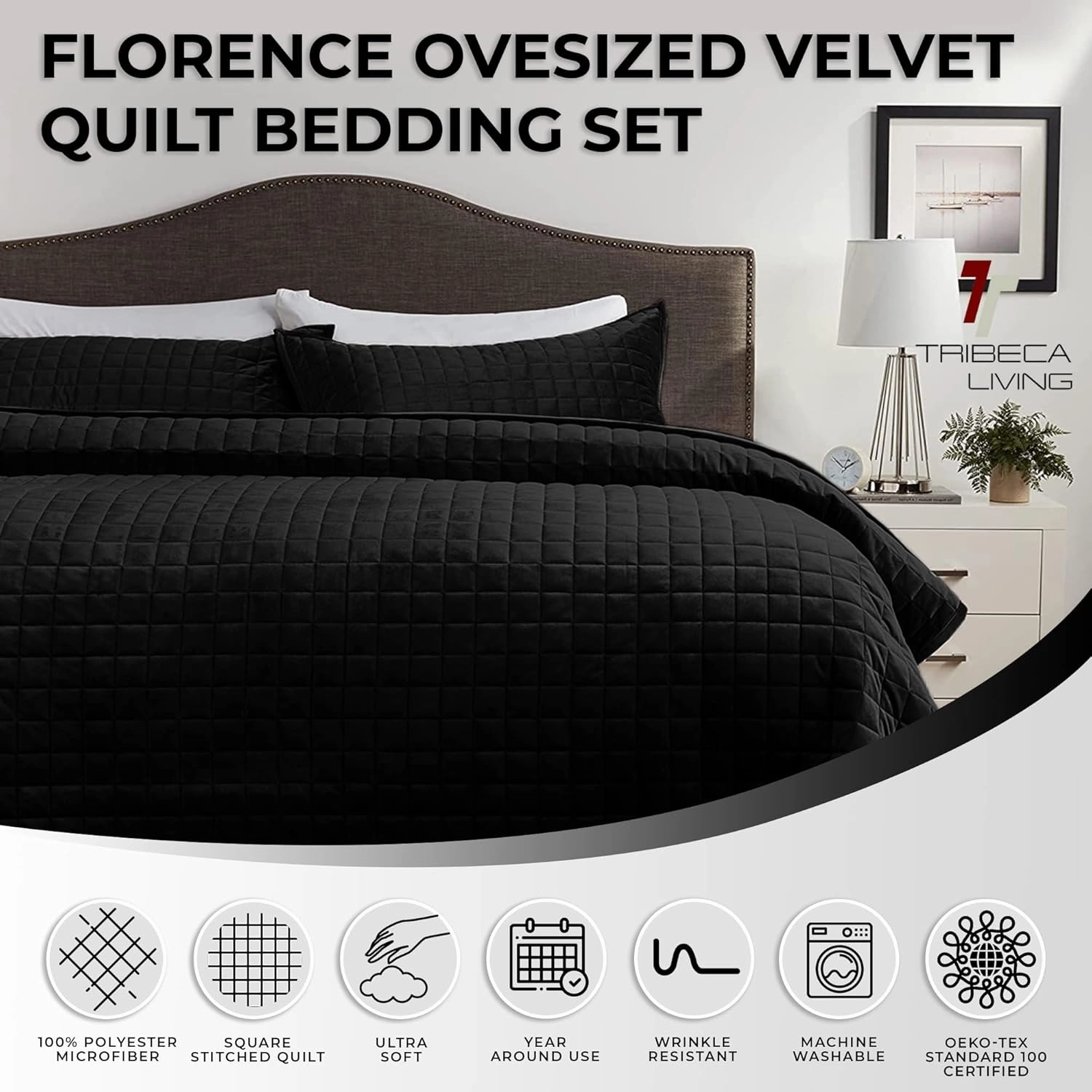 Tribeca Living Luxury Velvet Quilt Set Queen Bedding Set, 260 GSM Soft Velvet Oversized Comforter Set, Florence Box Stitch Premium Bedspread Coverlet for All Season, with 2 Pillow Shams, Black