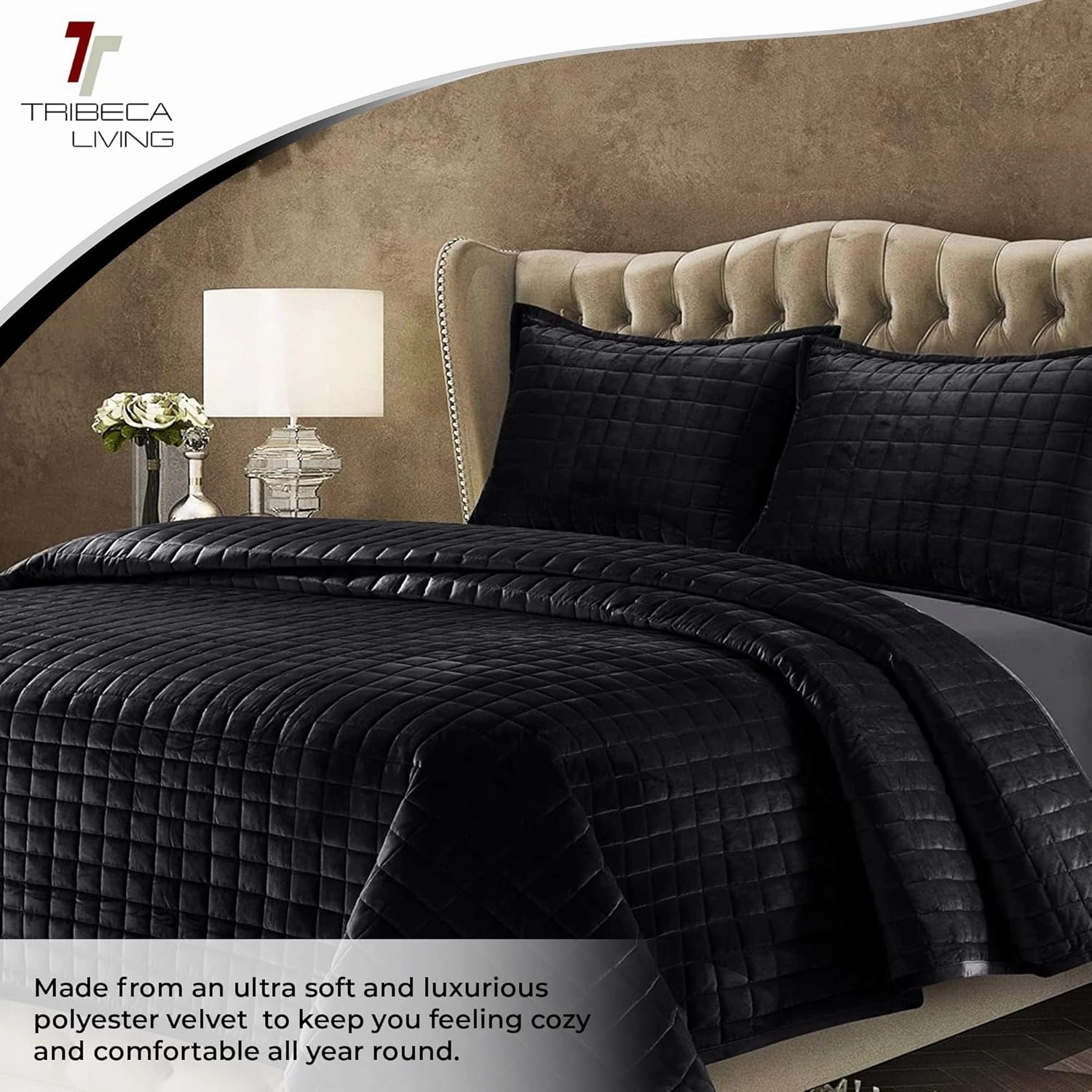 Tribeca Living Luxury Velvet Quilt Set Queen Bedding Set, 260 GSM Soft Velvet Oversized Comforter Set, Florence Box Stitch Premium Bedspread Coverlet for All Season, with 2 Pillow Shams, Black
