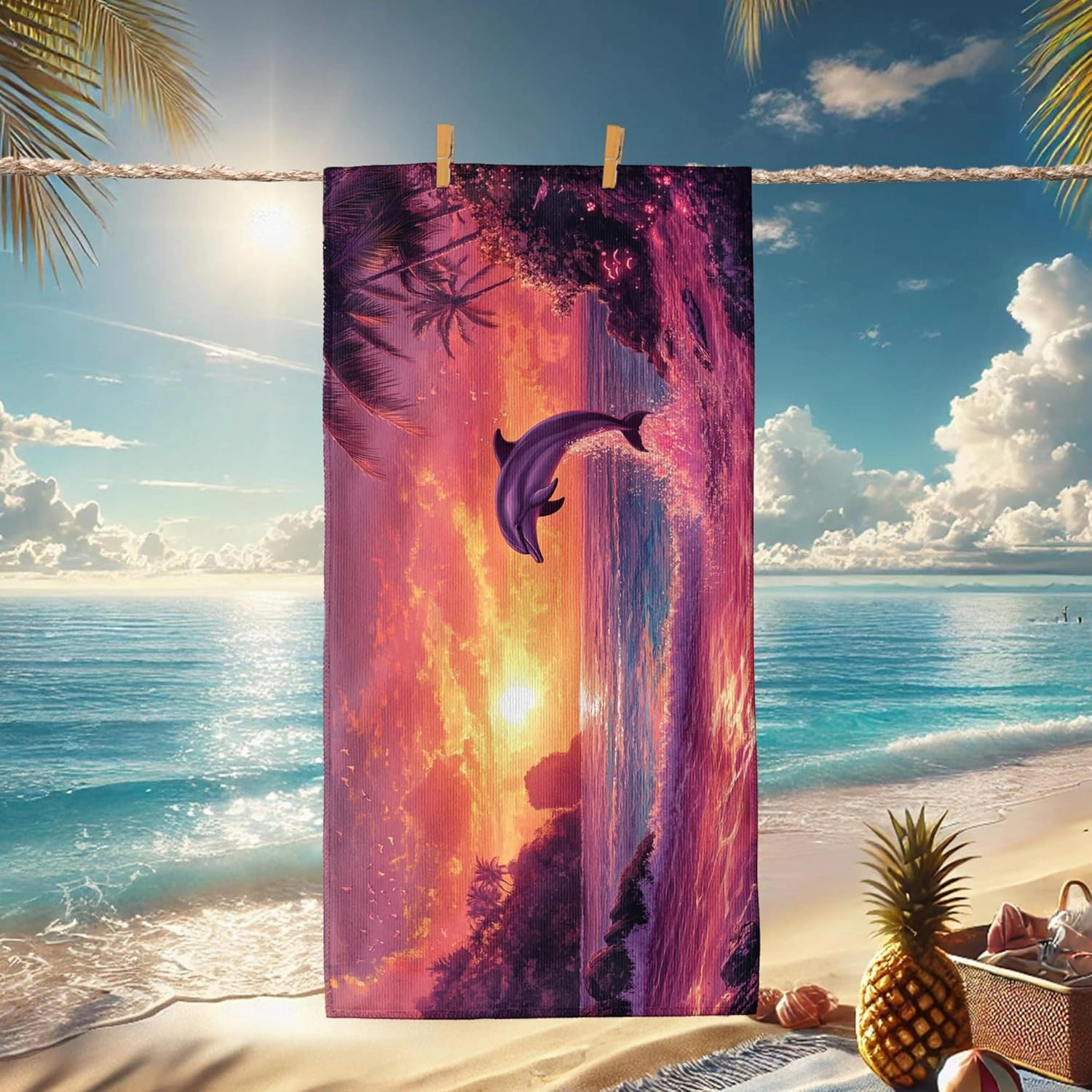 Tropical Dolphin Sunset Microfiber Beach Towel Peach Tropical Scenery, Quick Dry Absorbent Soft Lightweight Sand Free Bath Blanket, Vacation Pool Picnic Essentials 62x31 Inch