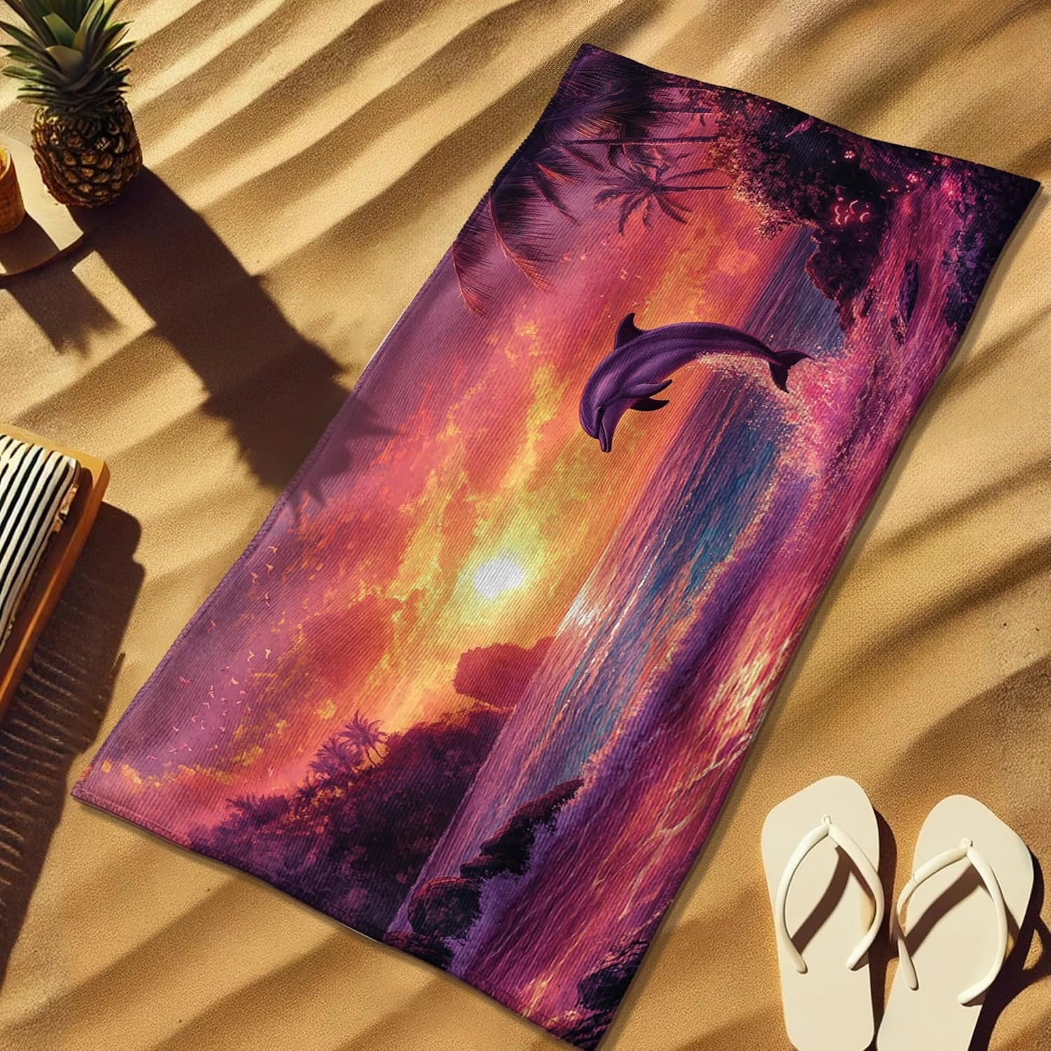 Tropical Dolphin Sunset Microfiber Beach Towel Peach Tropical Scenery, Quick Dry Absorbent Soft Lightweight Sand Free Bath Blanket, Vacation Pool Picnic Essentials 62x31 Inch