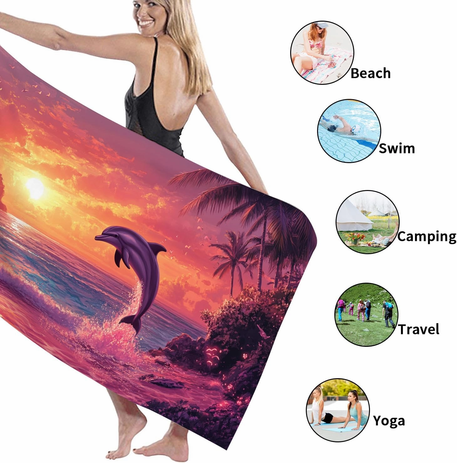 Tropical Dolphin Sunset Microfiber Beach Towel Peach Tropical Scenery, Quick Dry Absorbent Soft Lightweight Sand Free Bath Blanket, Vacation Pool Picnic Essentials 62x31 Inch