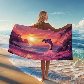 Tropical Dolphin Sunset Microfiber Beach Towel Peach Tropical Scenery, Quick Dry Absorbent Soft Lightweight Sand Free Bath Blanket, Vacation Pool Picnic Essentials 62x31 Inch