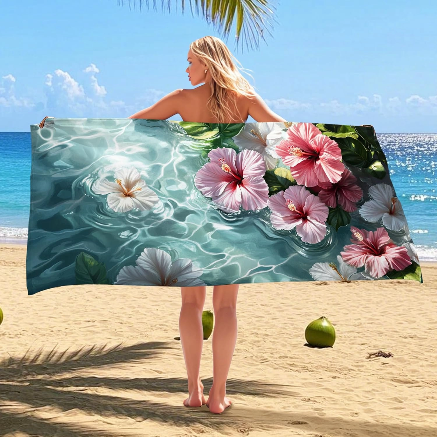 Tropical Floral Microfiber Beach Towel Extra Large Peach Hibiscus Design Quick Dry Absorbent Soft Sand Free Lightweight Beach Blanket Vacation Picnic Essentials 62x31 Inch