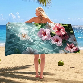 Tropical Floral Microfiber Beach Towel Extra Large Peach Hibiscus Design Quick Dry Absorbent Soft Sand Free Lightweight Beach Blanket Vacation Picnic Essentials 62x31 Inch