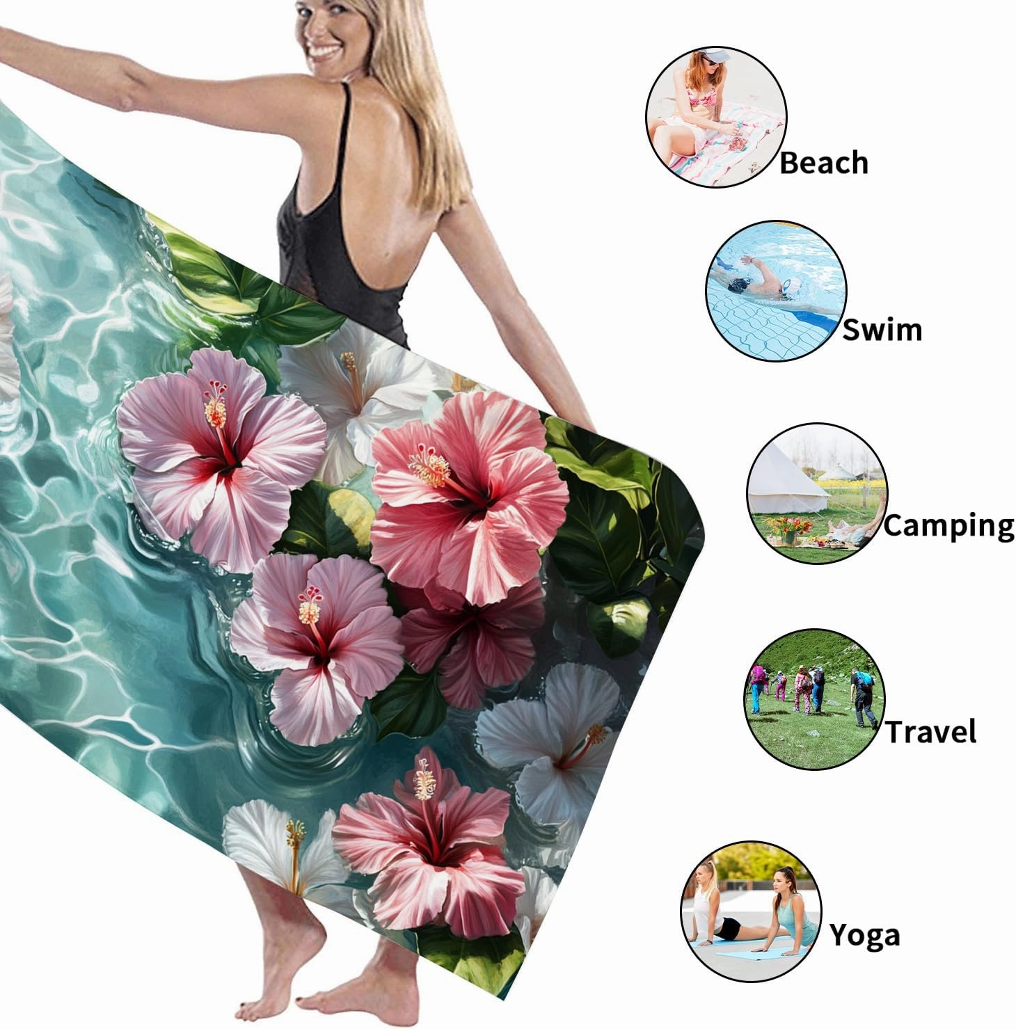 Tropical Floral Microfiber Beach Towel Extra Large Peach Hibiscus Design Quick Dry Absorbent Soft Sand Free Lightweight Beach Blanket Vacation Picnic Essentials 62x31 Inch