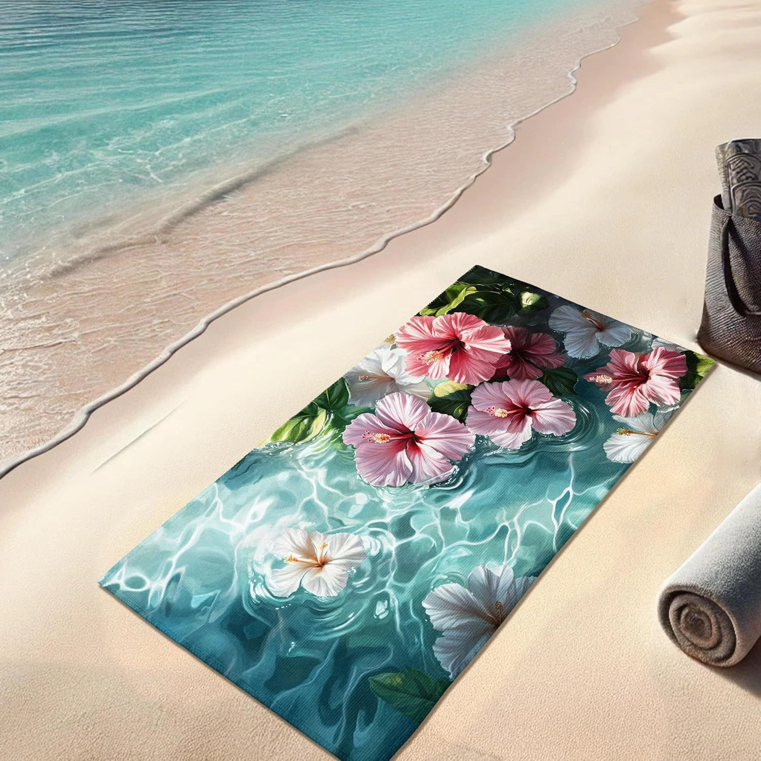 Tropical Floral Microfiber Beach Towel Extra Large Peach Hibiscus Design Quick Dry Absorbent Soft Sand Free Lightweight Beach Blanket Vacation Picnic Essentials 62x31 Inch