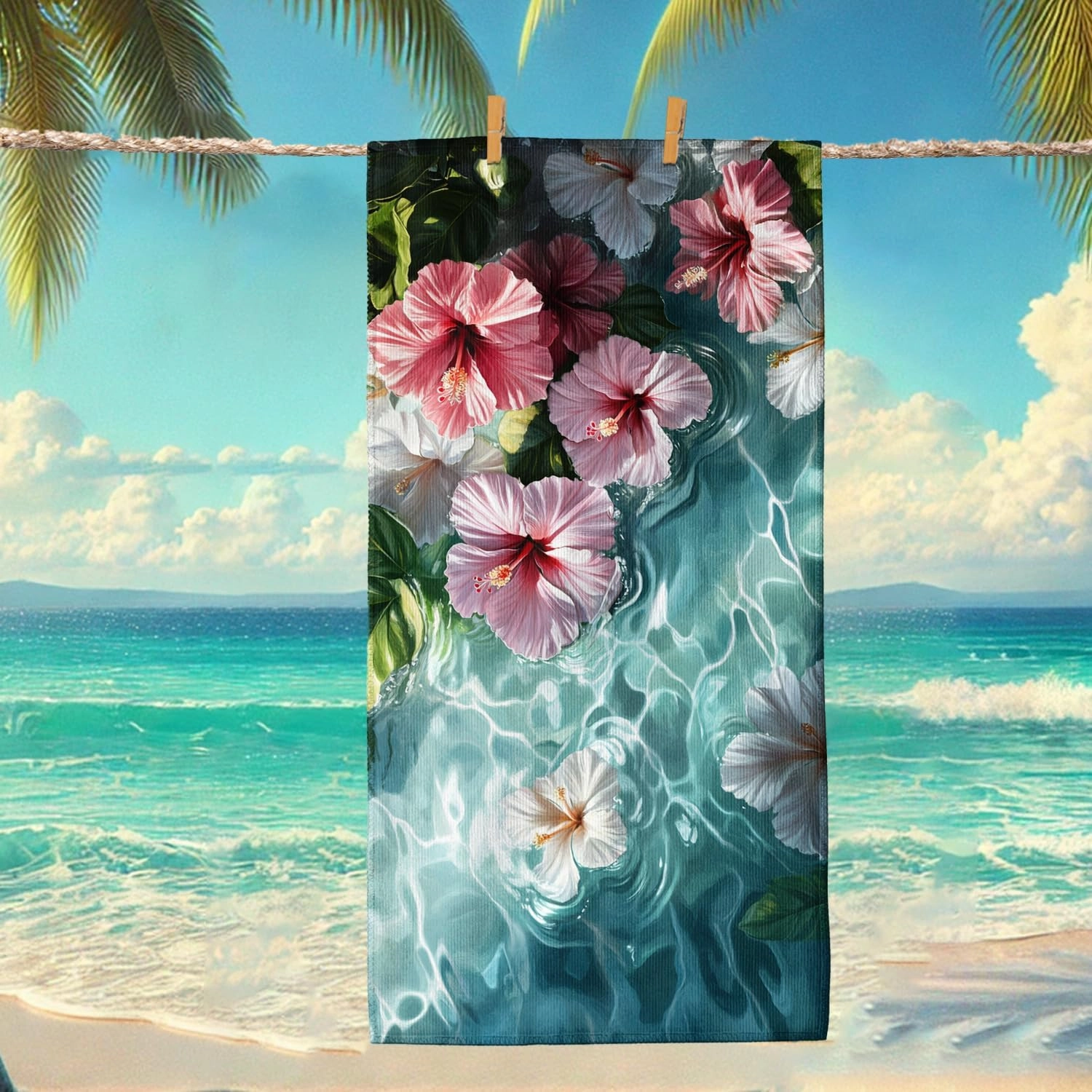 Tropical Floral Microfiber Beach Towel Extra Large Peach Hibiscus Design Quick Dry Absorbent Soft Sand Free Lightweight Beach Blanket Vacation Picnic Essentials 62x31 Inch