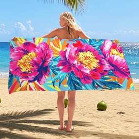 Tropical Floral Microfiber Beach Towel Vibrant Peach Peonies Quick Dry Absorbent Soft Sand Free Oversize Lightweight Beach Blanket, Vacation Picnic Essentials 70x35 Inch