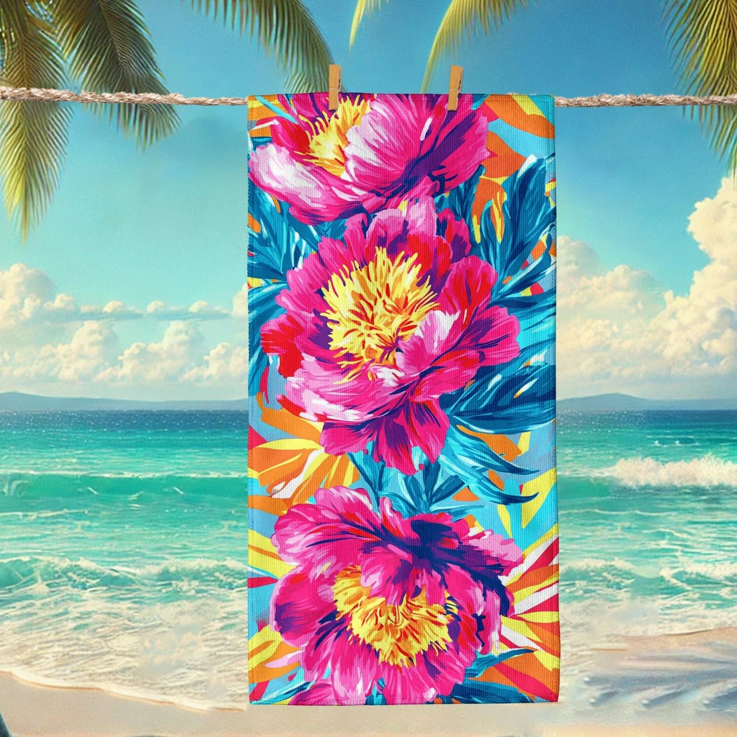 Tropical Floral Microfiber Beach Towel Vibrant Peach Peonies Quick Dry Absorbent Soft Sand Free Oversize Lightweight Beach Blanket, Vacation Picnic Essentials 70x35 Inch
