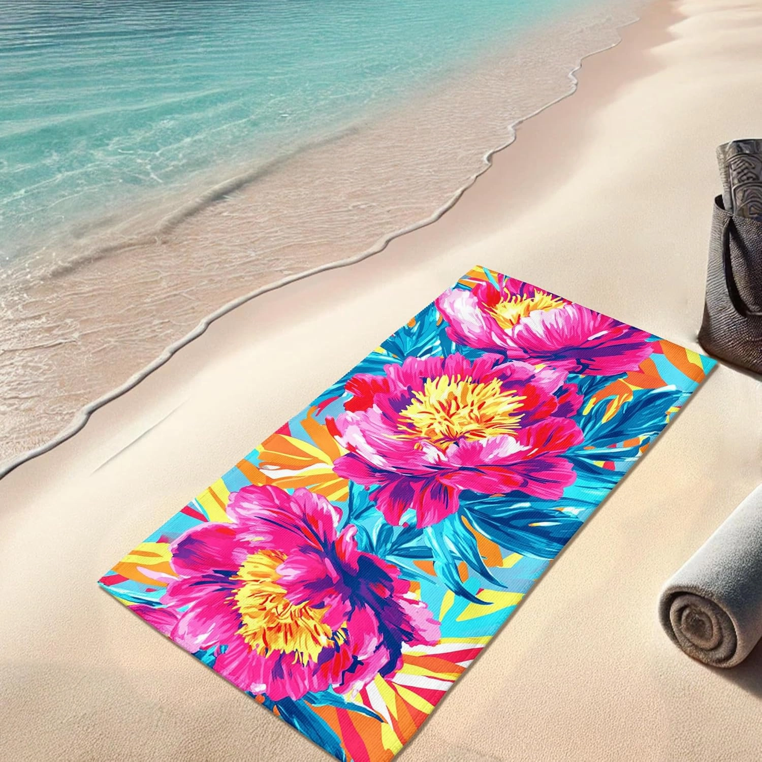 Tropical Floral Microfiber Beach Towel Vibrant Peach Peonies Quick Dry Absorbent Soft Sand Free Oversize Lightweight Beach Blanket, Vacation Picnic Essentials 70x35 Inch