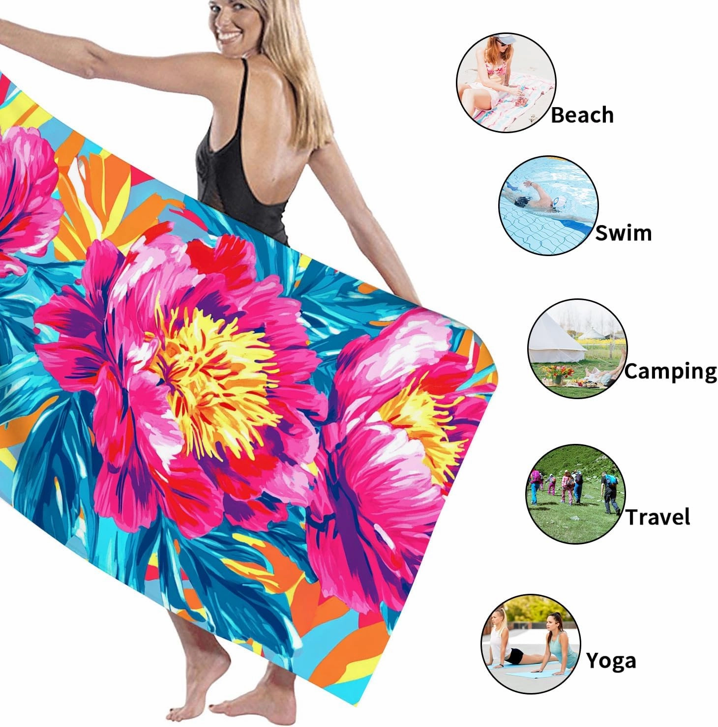 Tropical Floral Microfiber Beach Towel Vibrant Peach Peonies Quick Dry Absorbent Soft Sand Free Oversize Lightweight Beach Blanket, Vacation Picnic Essentials 70x35 Inch