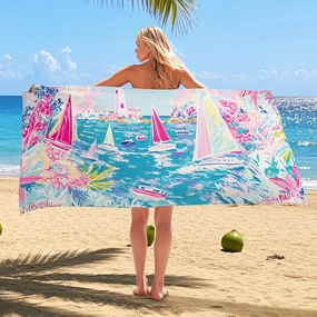 Tropical Sailboats Beach Towel Peach Marine Art Soft Quick Dry Absorbent Sand Free Lightweight Beach Blanket, Summer Vacation Picnic Essentials 70x35 Inch
