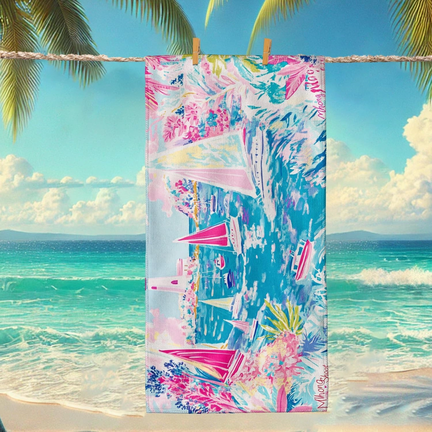 Tropical Sailboats Beach Towel Peach Marine Art Soft Quick Dry Absorbent Sand Free Lightweight Beach Blanket, Summer Vacation Picnic Essentials 70x35 Inch
