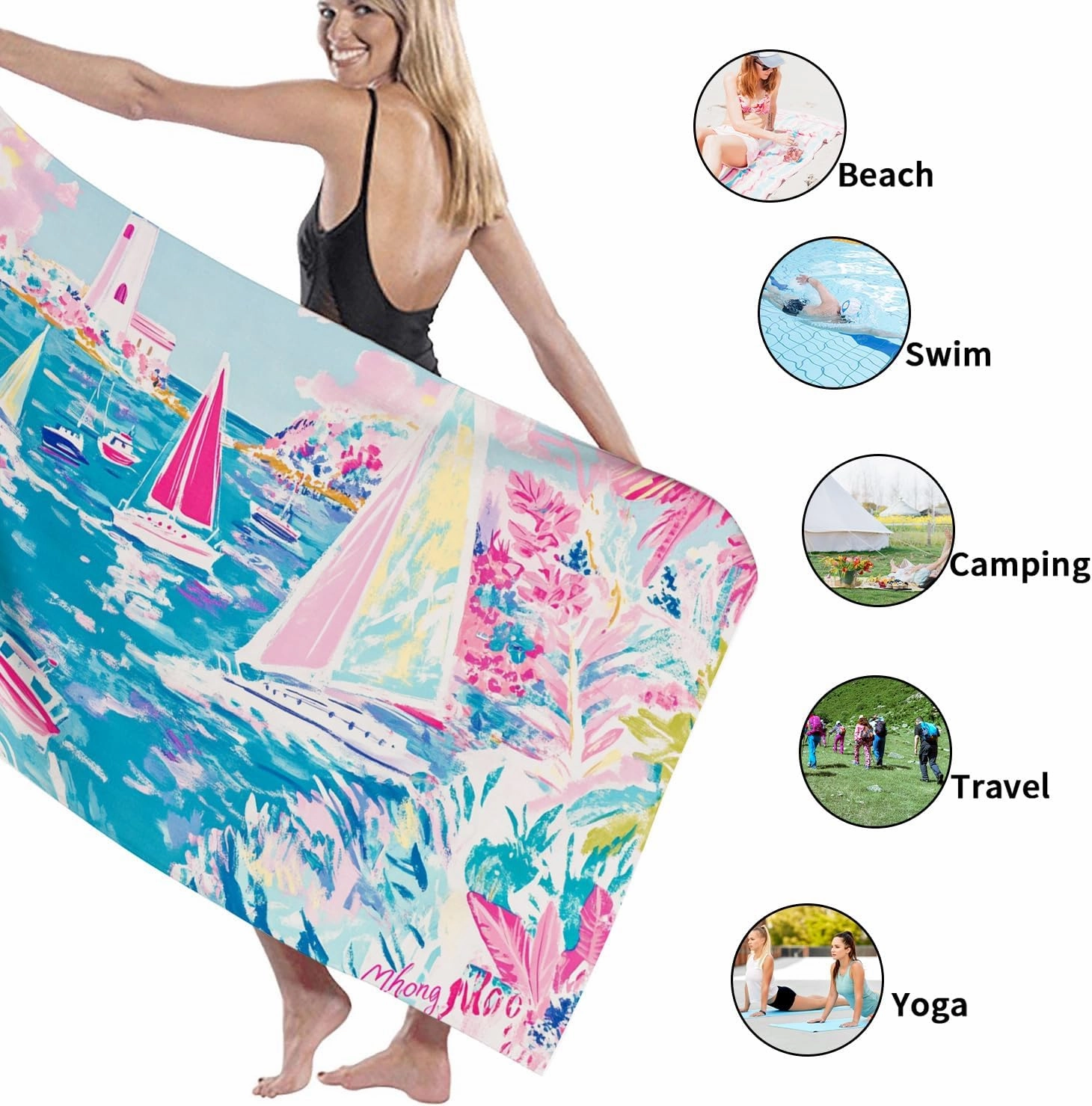 Tropical Sailboats Beach Towel Peach Marine Art Soft Quick Dry Absorbent Sand Free Lightweight Beach Blanket, Summer Vacation Picnic Essentials 70x35 Inch