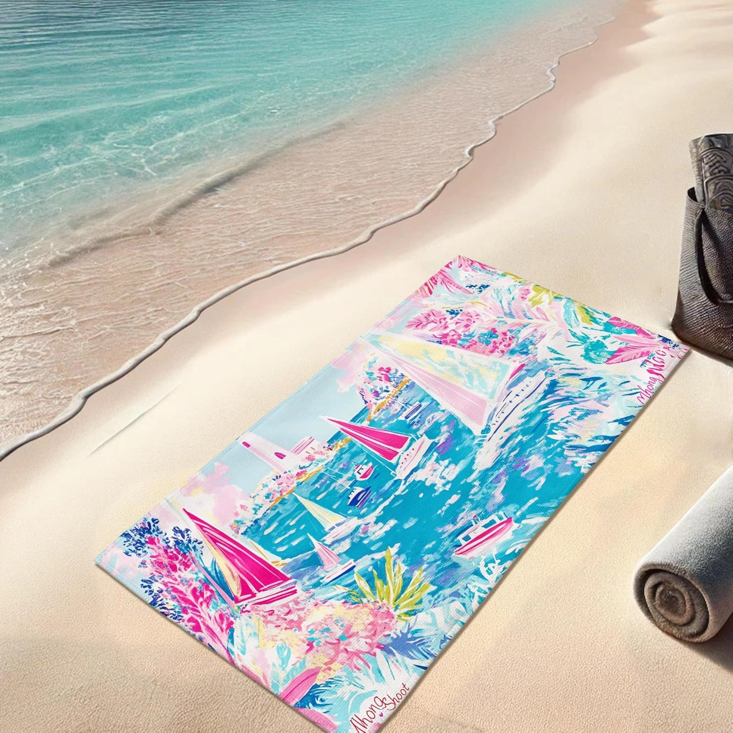 Tropical Sailboats Beach Towel Peach Marine Art Soft Quick Dry Absorbent Sand Free Lightweight Beach Blanket, Summer Vacation Picnic Essentials 70x35 Inch
