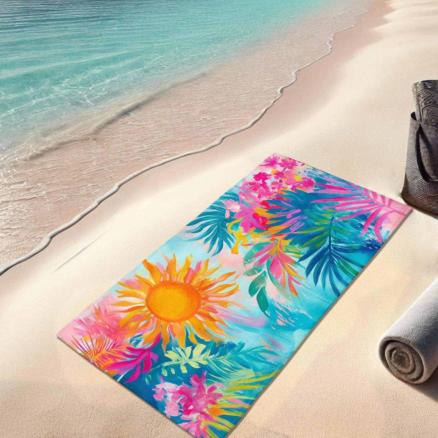 Tropical Sunflower Print Beach Towel Peach Blue Vibrant Floral Soft Quick Dry Sand Free Oversized Lightweight Blanket for Travel Pool Outdoor Picnic Essentials 62x31 Inch