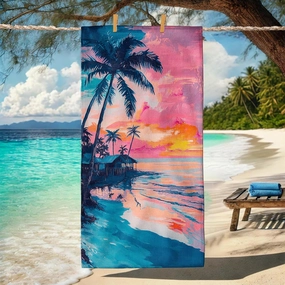 Tropical Sunset Microfiber Beach Towel Large Peach Palm Trees Bath Towel, Quick Dry Absorbent Soft Sand Free Lightweight Beach Blanket, Vacation Pool Picnic Essentials 62x31 Inch