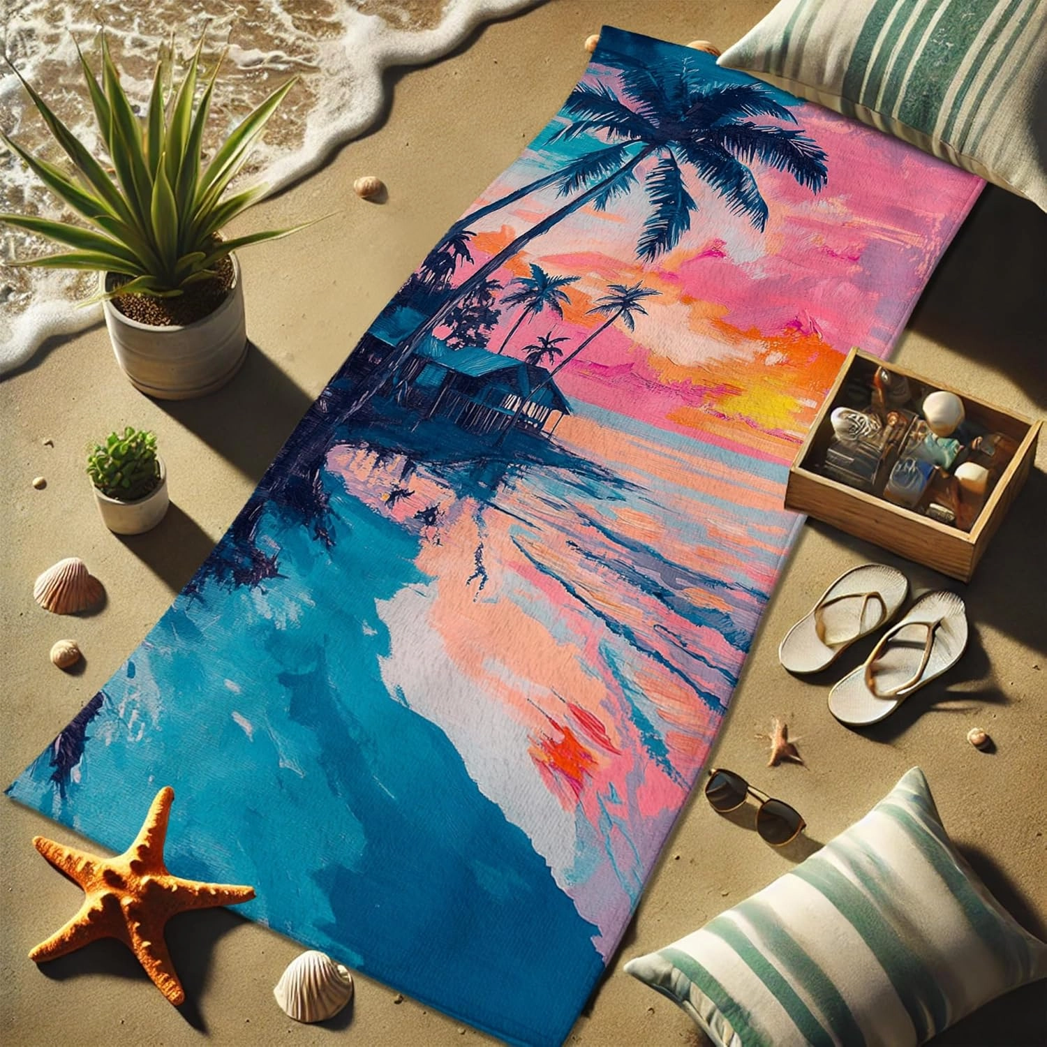 Tropical Sunset Microfiber Beach Towel Large Peach Palm Trees Bath Towel, Quick Dry Absorbent Soft Sand Free Lightweight Beach Blanket, Vacation Pool Picnic Essentials 62x31 Inch
