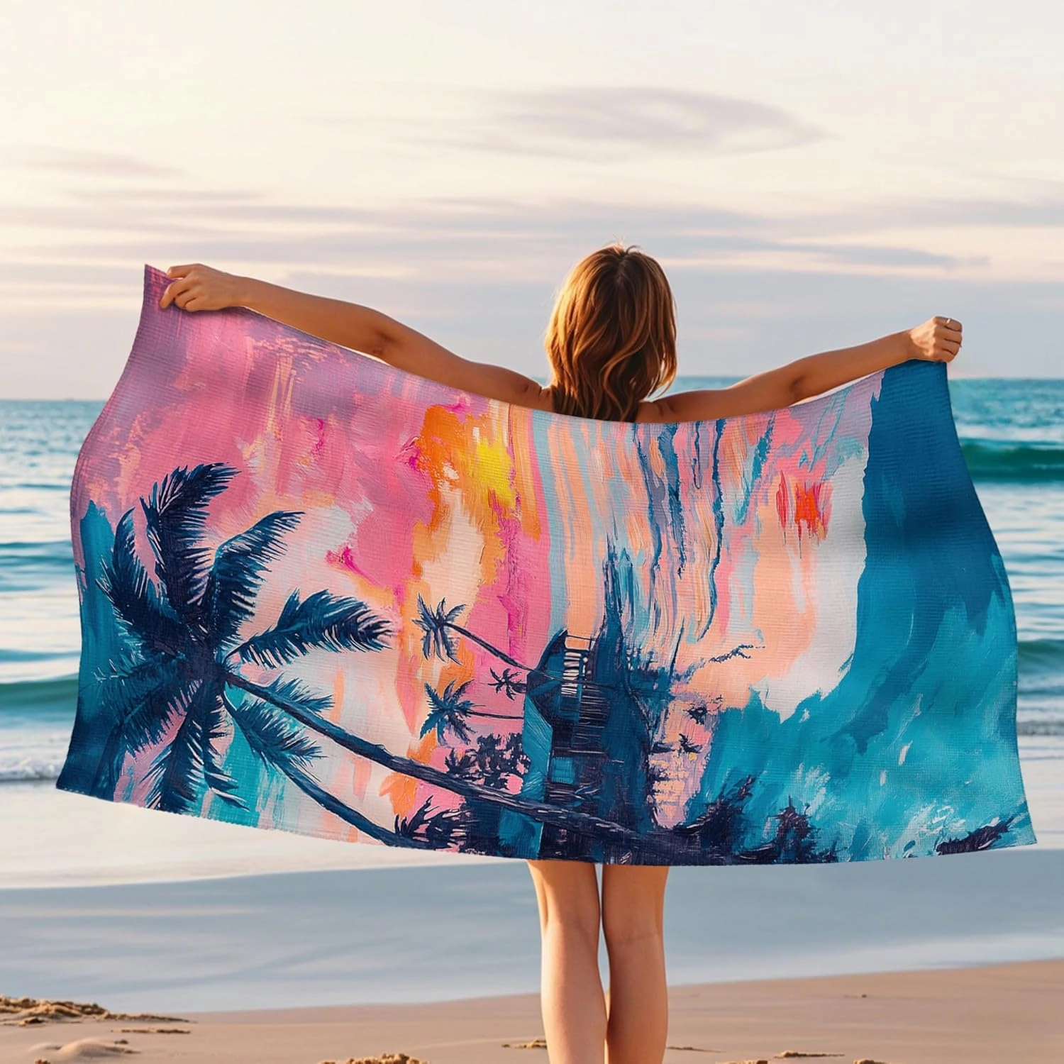 Tropical Sunset Microfiber Beach Towel Large Peach Palm Trees Bath Towel, Quick Dry Absorbent Soft Sand Free Lightweight Beach Blanket, Vacation Pool Picnic Essentials 62x31 Inch