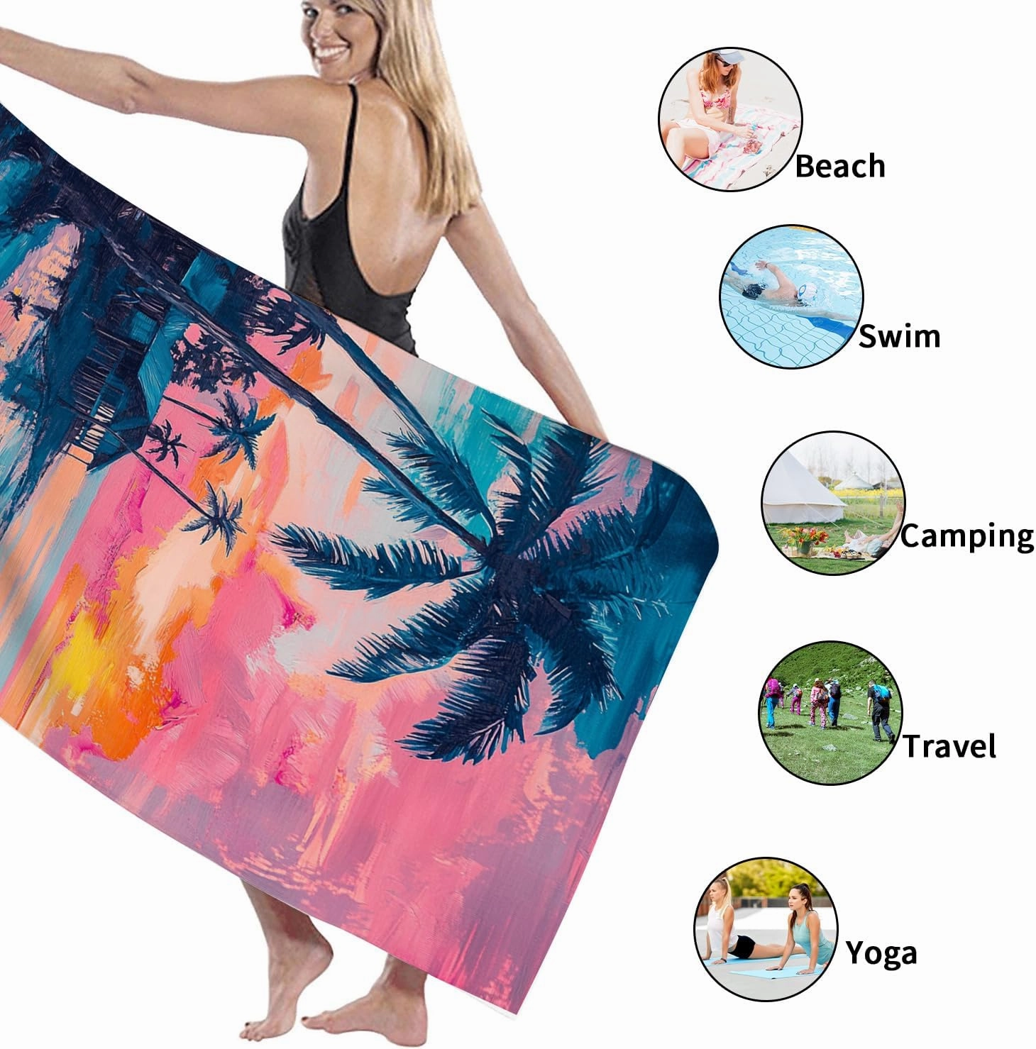 Tropical Sunset Microfiber Beach Towel Large Peach Palm Trees Bath Towel, Quick Dry Absorbent Soft Sand Free Lightweight Beach Blanket, Vacation Pool Picnic Essentials 62x31 Inch