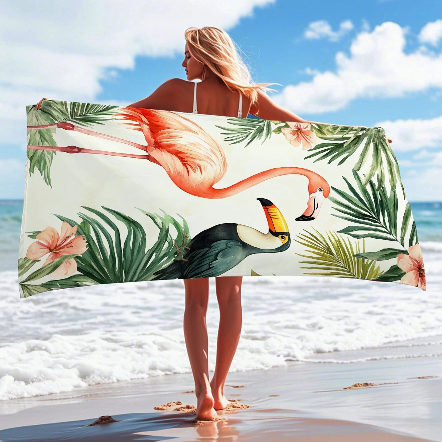Tropical Tropical Bird Microfiber Beach Towel Peach Birds Green Leaves Bath Towel, Quick Dry Soft Absorbent Sand Free Lightweight Beach Blanket, Vacation Pool Picnic Essentials 62x31 Inch