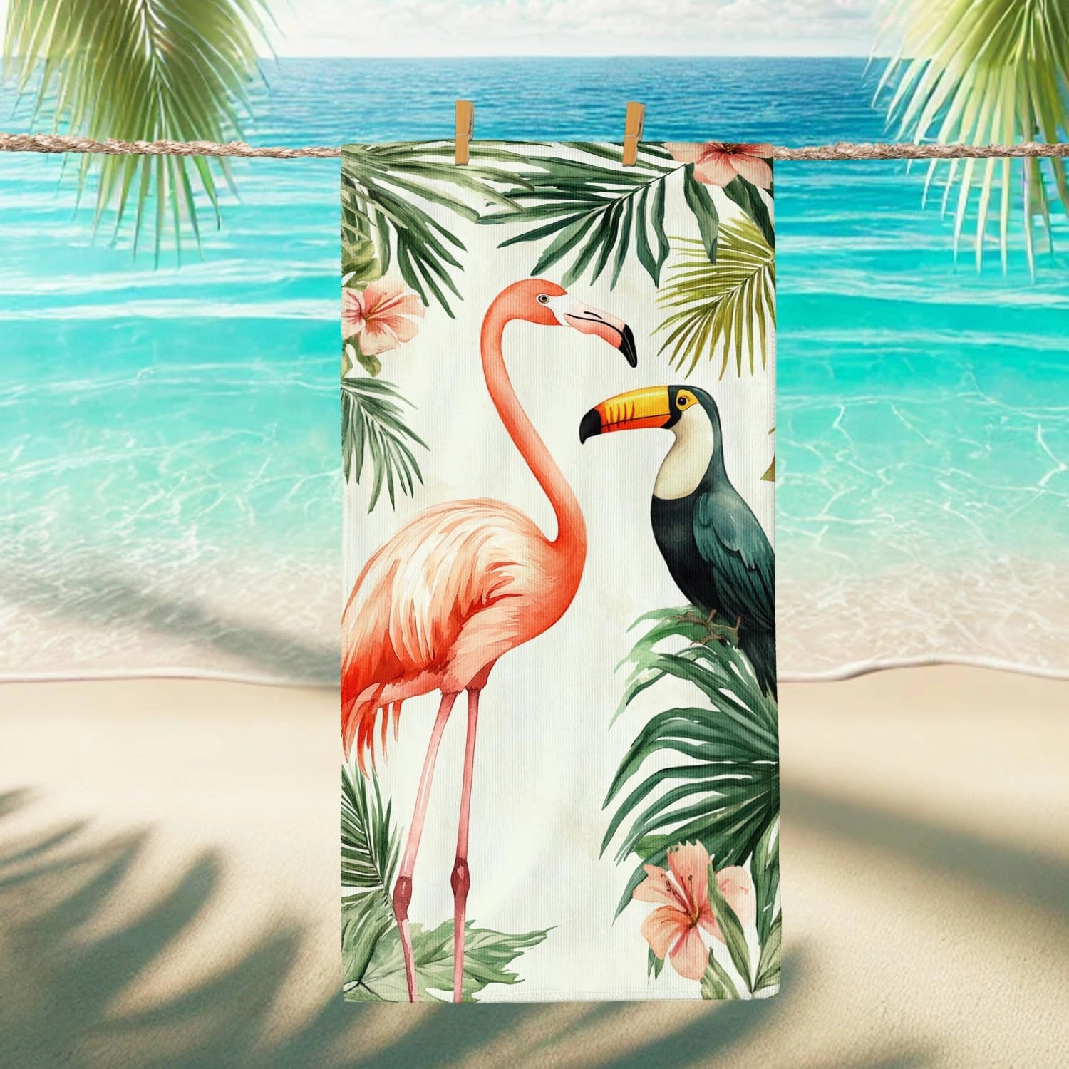 Tropical Tropical Bird Microfiber Beach Towel Peach Birds Green Leaves Bath Towel, Quick Dry Soft Absorbent Sand Free Lightweight Beach Blanket, Vacation Pool Picnic Essentials 62x31 Inch