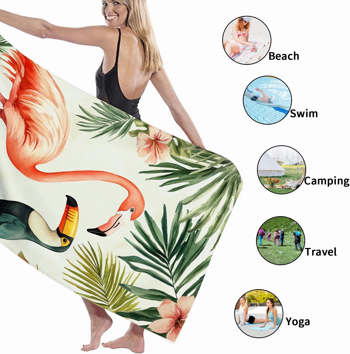 Tropical Tropical Bird Microfiber Beach Towel Peach Birds Green Leaves Bath Towel, Quick Dry Soft Absorbent Sand Free Lightweight Beach Blanket, Vacation Pool Picnic Essentials 62x31 Inch