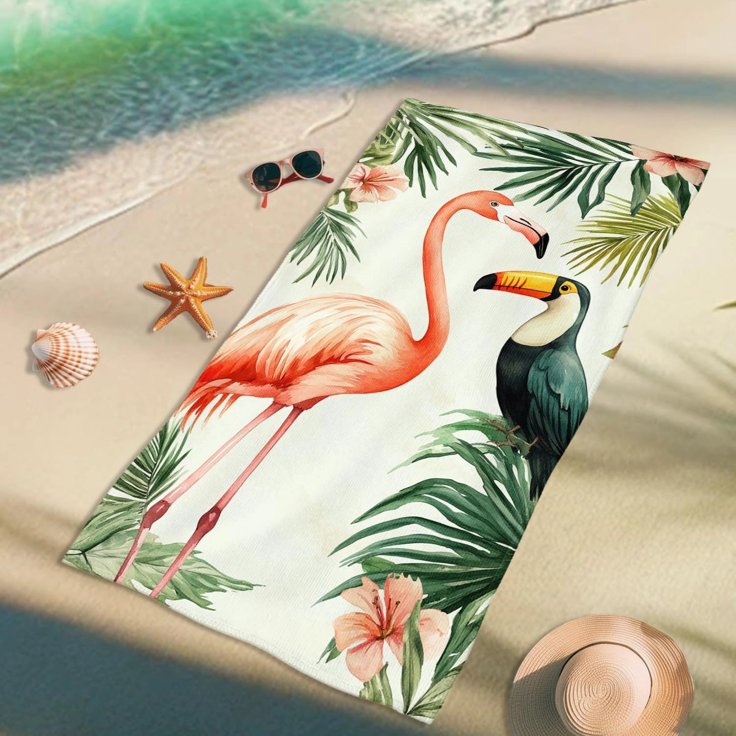 Tropical Tropical Bird Microfiber Beach Towel Peach Birds Green Leaves Bath Towel, Quick Dry Soft Absorbent Sand Free Lightweight Beach Blanket, Vacation Pool Picnic Essentials 62x31 Inch