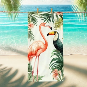 Tropical Tropical Bird Microfiber Beach Towel Peach Birds Green Leaves Bath Towel, Quick Dry Soft Absorbent Sand Free Lightweight Beach Blanket, Vacation Pool Picnic Essentials 62x31 Inch