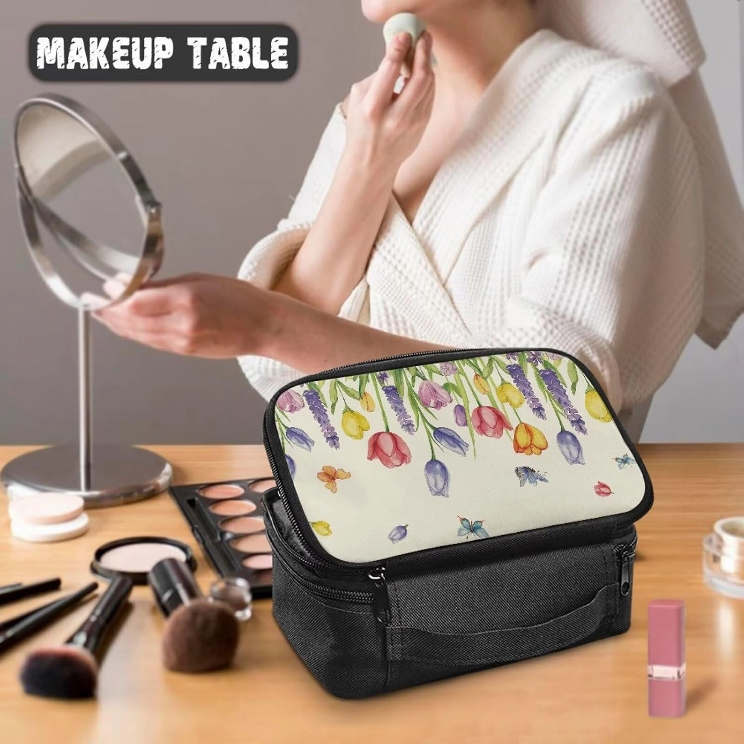 Tulip Makeup Bag with Handle Portable Butterfly Skincare Bag Large Capacity Travel Cosmetic Bag Peach Blossom Soft Makeup Brushes Organizer Travel Bag Travel Toiletry Bag Women