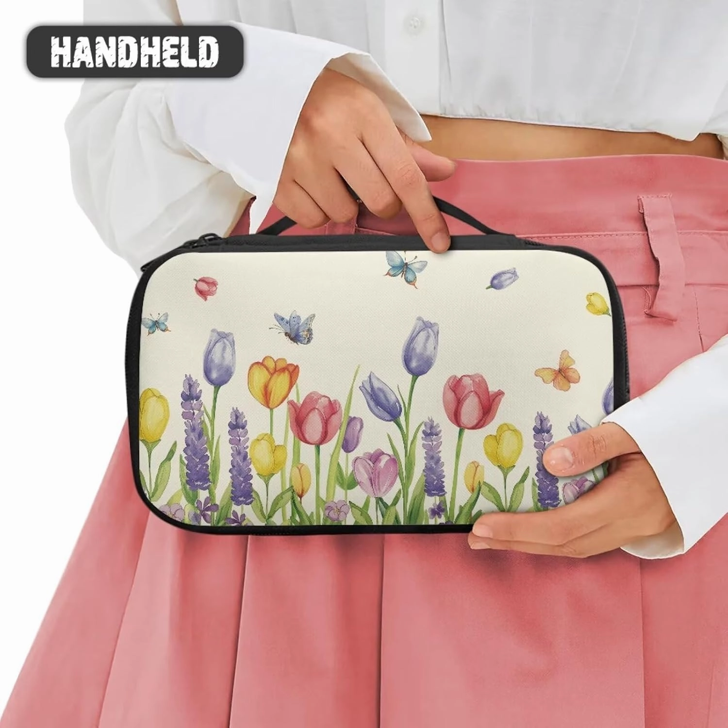 Tulip Makeup Bag with Handle Portable Butterfly Skincare Bag Large Capacity Travel Cosmetic Bag Peach Blossom Soft Makeup Brushes Organizer Travel Bag Travel Toiletry Bag Women