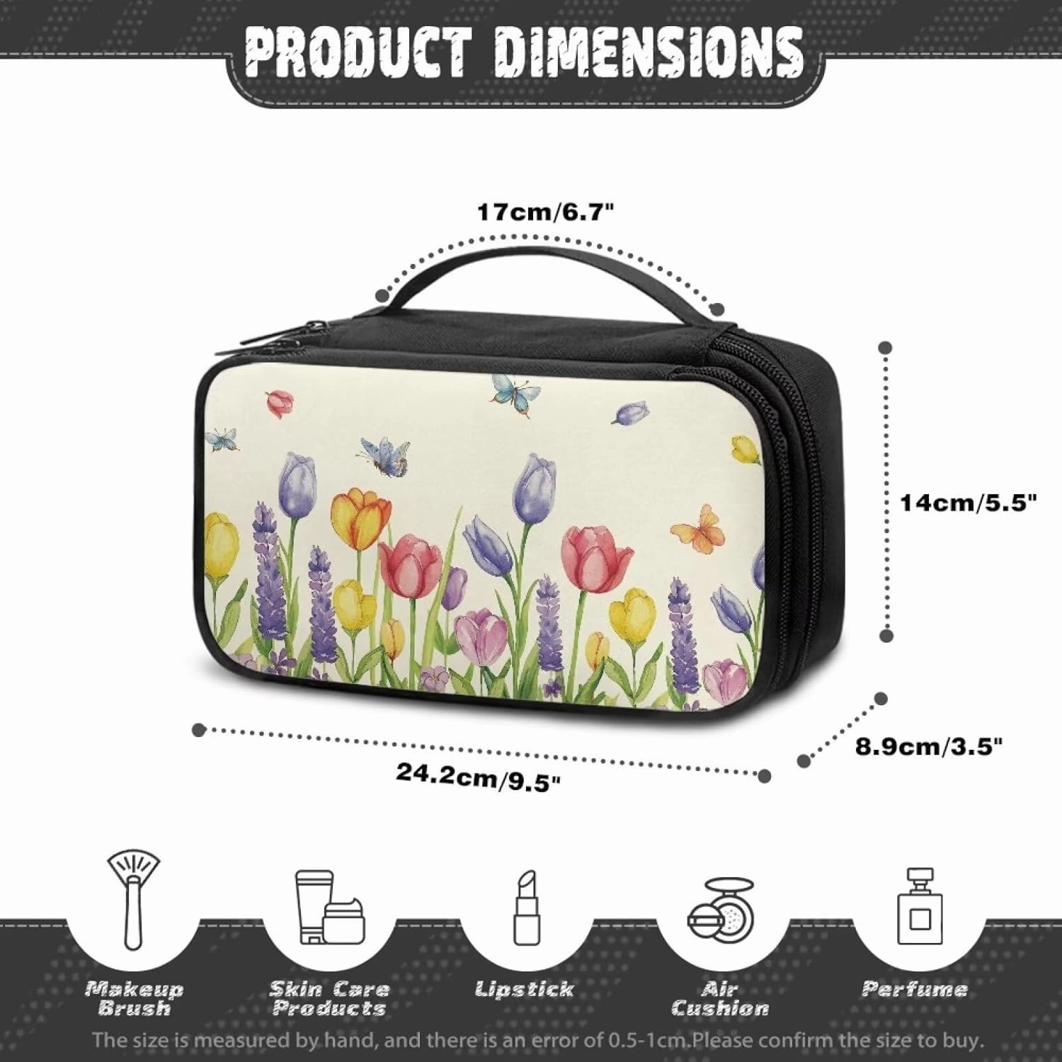 Tulip Makeup Bag with Handle Portable Butterfly Skincare Bag Large Capacity Travel Cosmetic Bag Peach Blossom Soft Makeup Brushes Organizer Travel Bag Travel Toiletry Bag Women