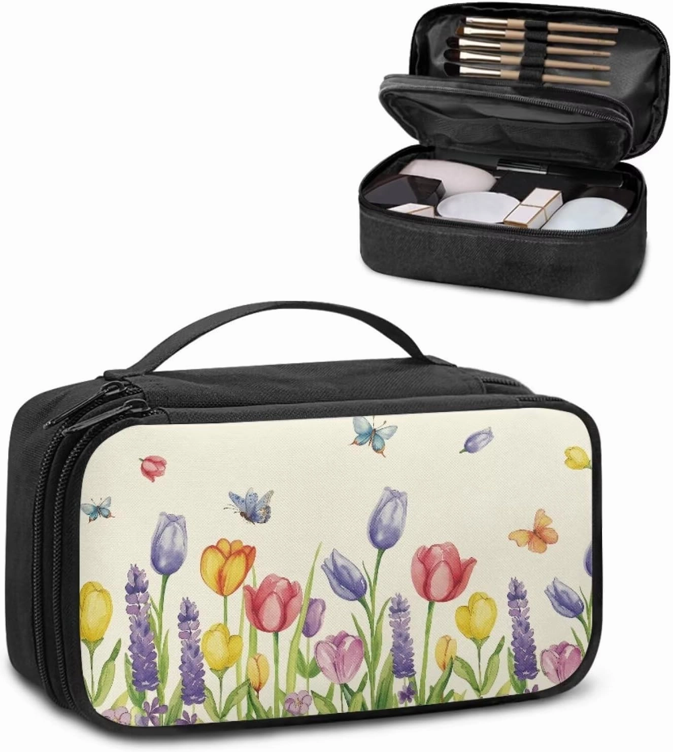 Tulip Makeup Bag with Handle Portable Butterfly Skincare Bag Large Capacity Travel Cosmetic Bag Peach Blossom Soft Makeup Brushes Organizer Travel Bag Travel Toiletry Bag Women